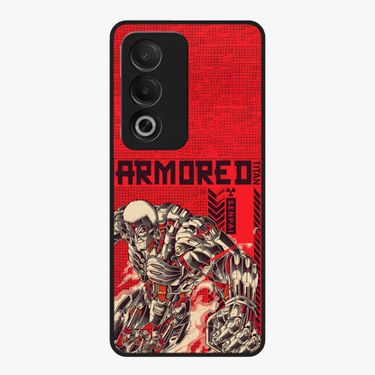 Crimson Mecha Titan Glass Case showing flat back view with powerful mech titan artwork and glossy glass finish.