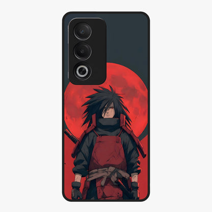 Crimson Moon Warlord Glass Case showing flat back view with mystical moon warrior artwork and glossy glass finish.