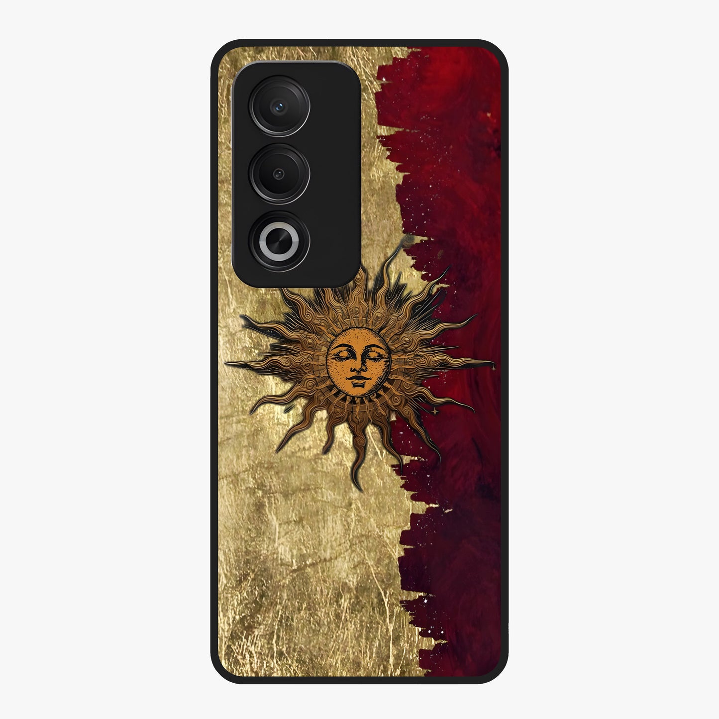 Crimson Sun Majesty Glass Case showing flat back view with radiant sun inspired artwork and glossy glass finish.