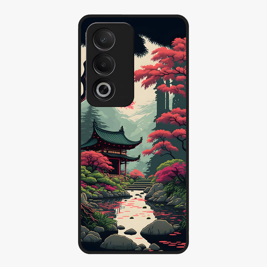 Crimson Temple View Glass Case showing flat back view with temple inspired artwork and glossy glass finish.