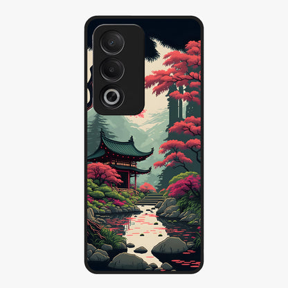Crimson Temple View Glass Case showing flat back view with temple inspired artwork and glossy glass finish.