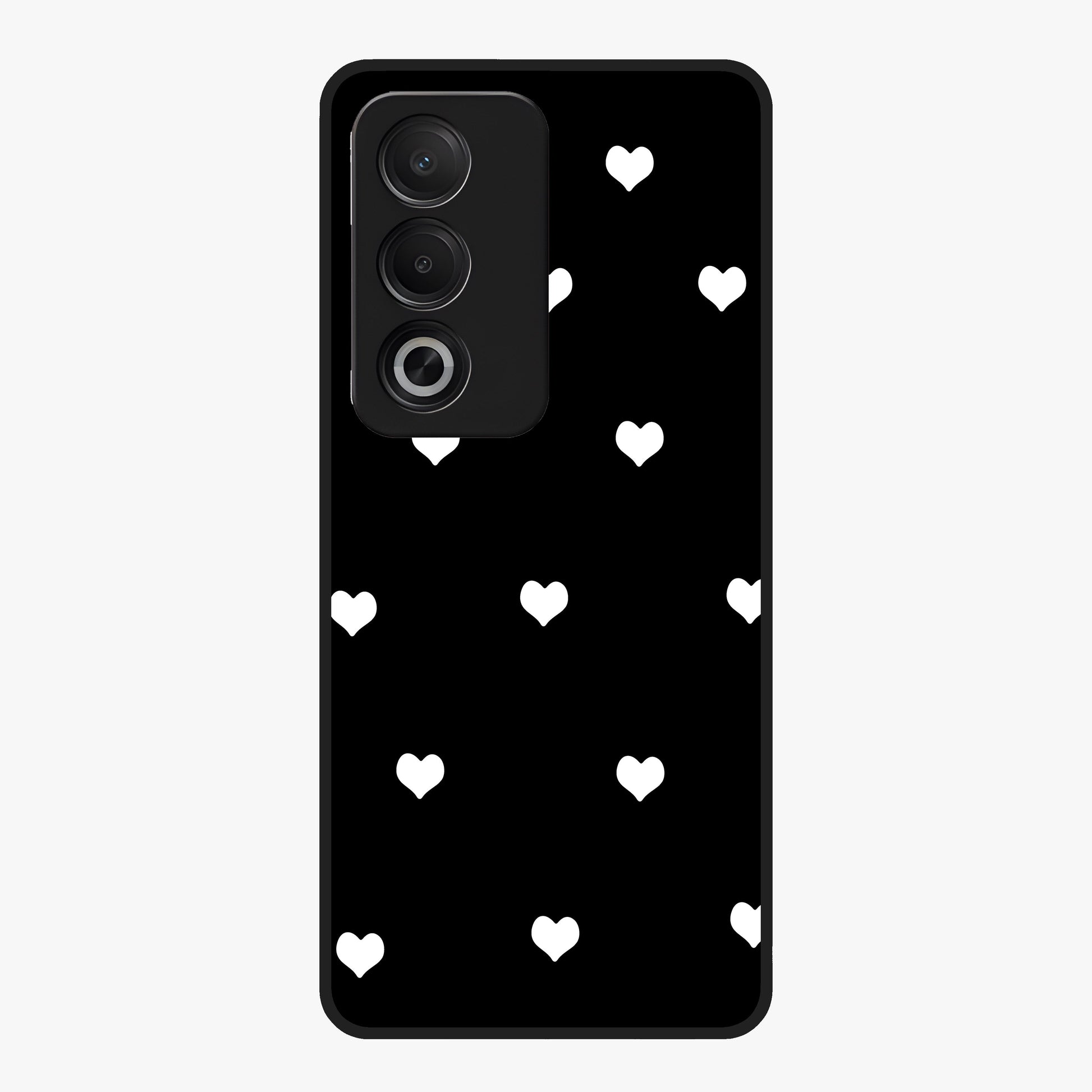 Cute And Simple White Hearts Glass Case showing flat back view with minimal white heart pattern and glossy glass finish.