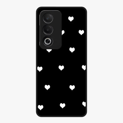 Cute And Simple White Hearts Glass Case showing flat back view with minimal white heart pattern and glossy glass finish.