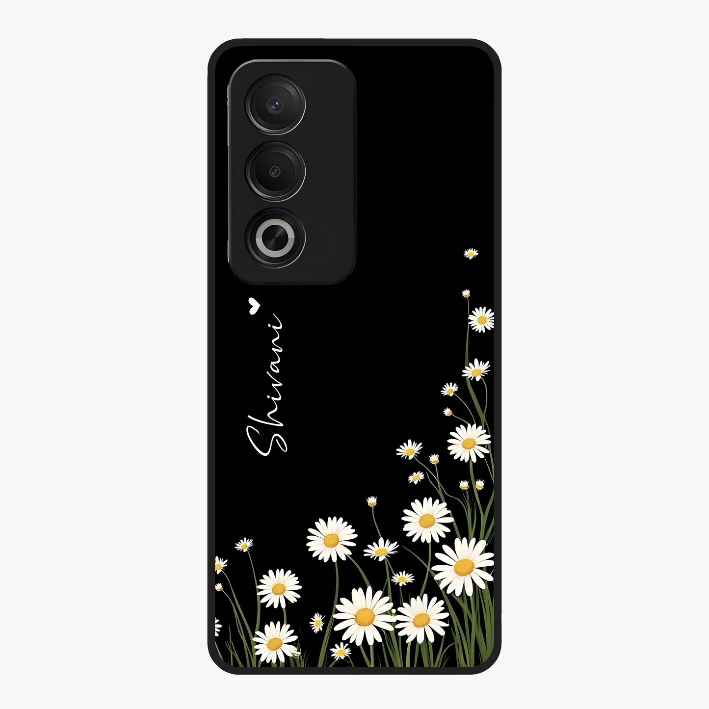 Daisy Cascade Custom Name Glass Case showing flat back view with cascading daisy flowers and personalized name design.
