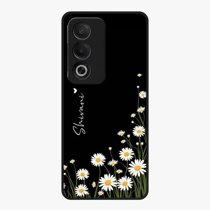 Daisy Cascade Custom Name Glass Case showing flat back view with cascading daisy flowers and personalized name design.