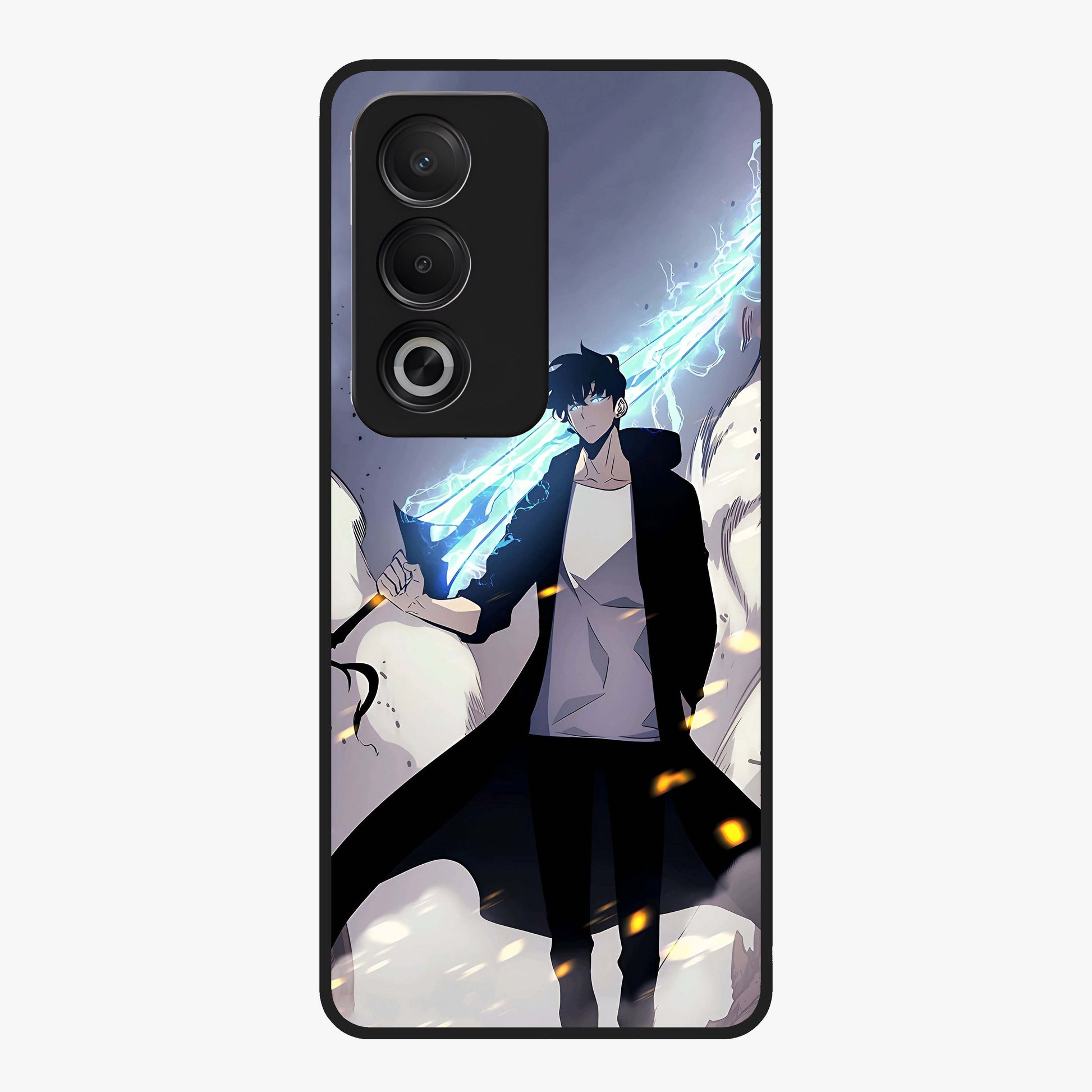 Dark Lightning Anime Warrior Glass Case showing flat back view with intense anime warrior artwork and glossy glass finish.
