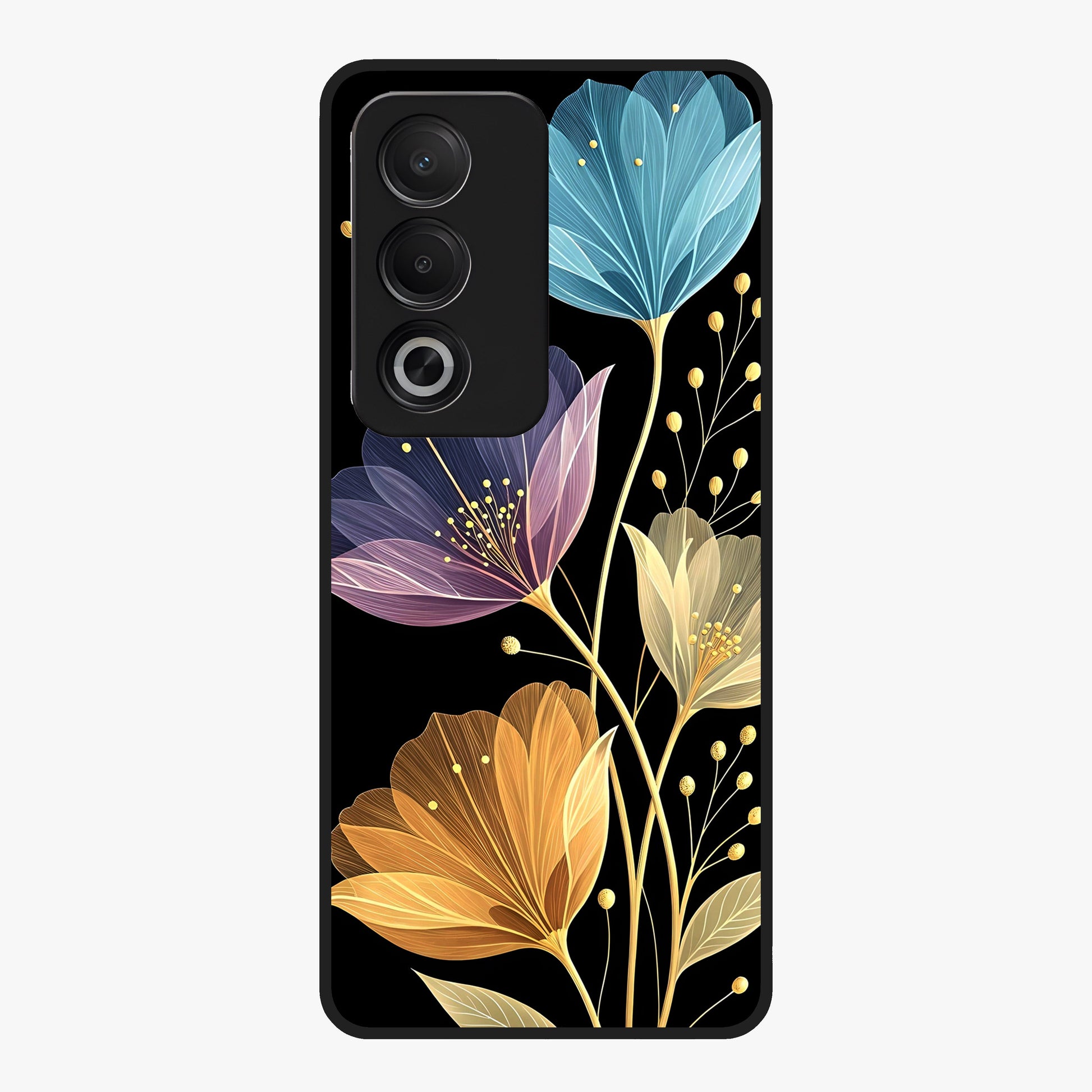Delicate Multicolor Flowers Glass Case showing flat back view with vibrant floral artwork and glossy glass finish.