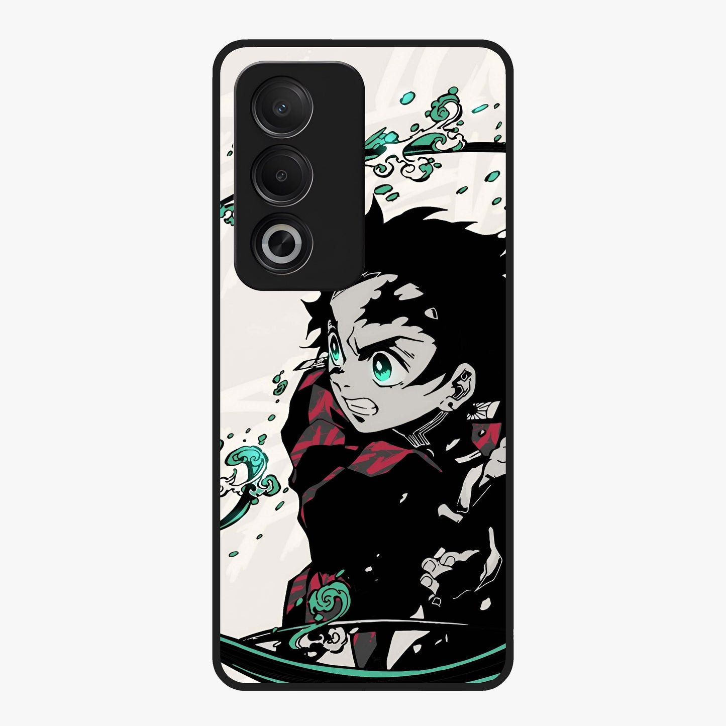 Demon Slayer Glass Case showing flat back view with bold anime inspired artwork and glossy glass finish.
