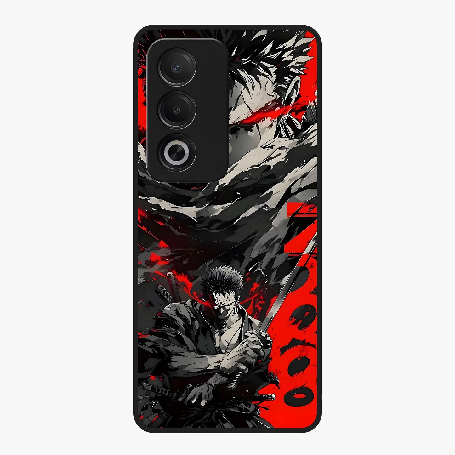 Demon Sword Resolve Glass Case showing flat back view with fierce sword warrior artwork and glossy glass finish.