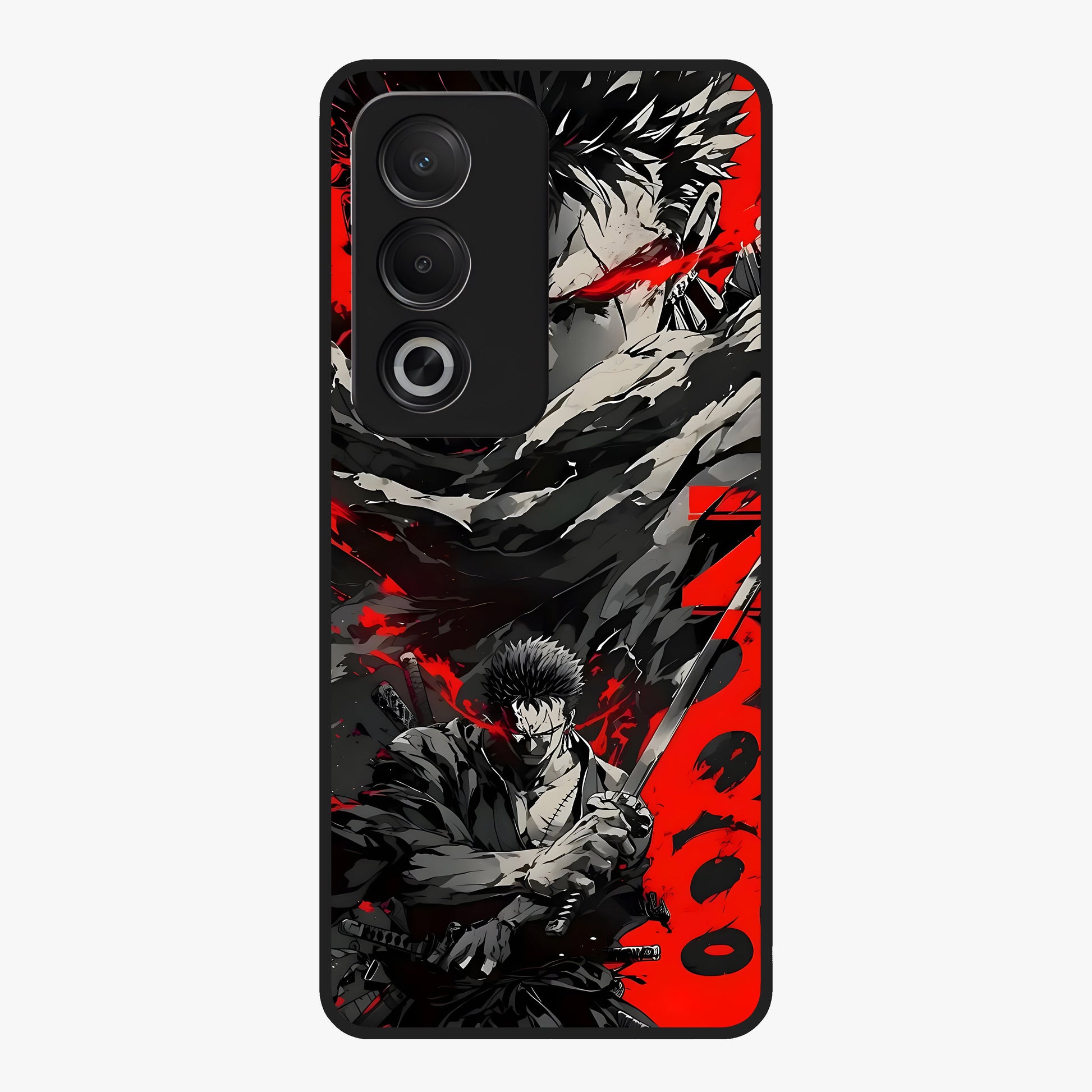 Demon Sword Resolve Glass Case showing flat back view with fierce sword warrior artwork and glossy glass finish.
