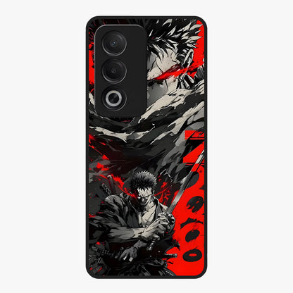 Demon Sword Resolve Glass Case showing flat back view with fierce sword warrior artwork and glossy glass finish.