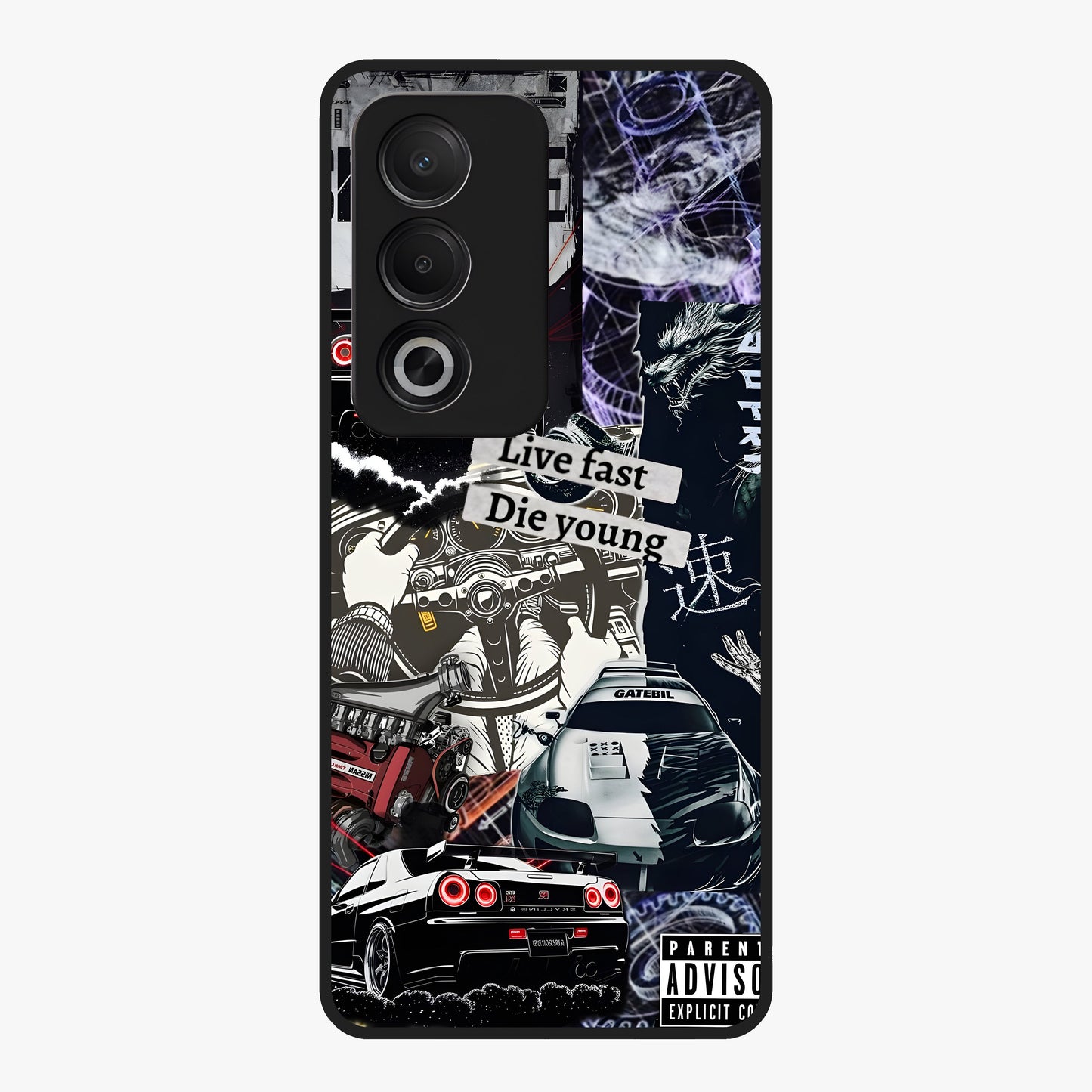 Die Young Glass Case showing flat back view with bold artistic typography design and glossy glass finish.
