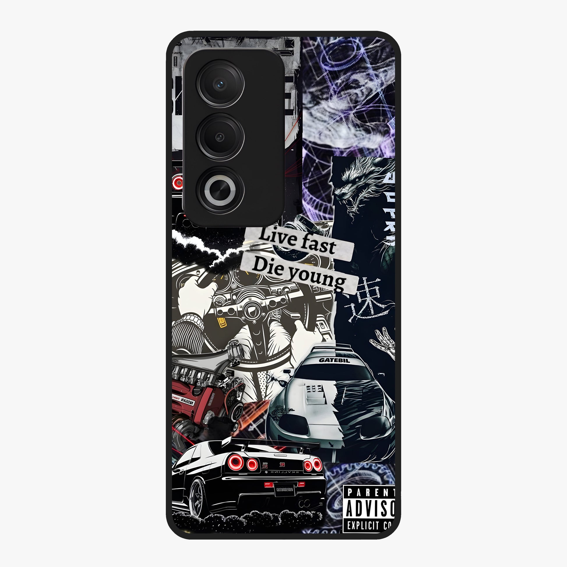 Die Young Glass Case showing flat back view with bold artistic typography design and glossy glass finish.