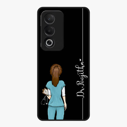 Doctor Pattern Custom Name Glass Case showing flat back view with medical themed pattern and personalized name design.