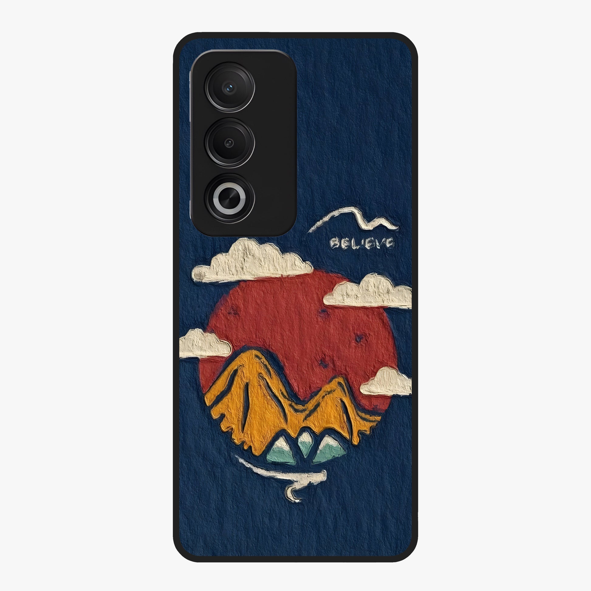 Dream Beyond Mountains Glass Case showing flat back view with scenic mountain landscape artwork and glossy glass finish.