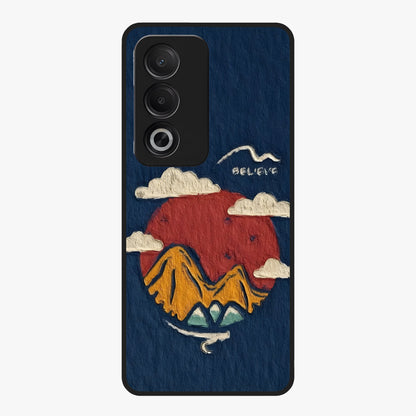 Dream Beyond Mountains Glass Case showing flat back view with scenic mountain landscape artwork and glossy glass finish.
