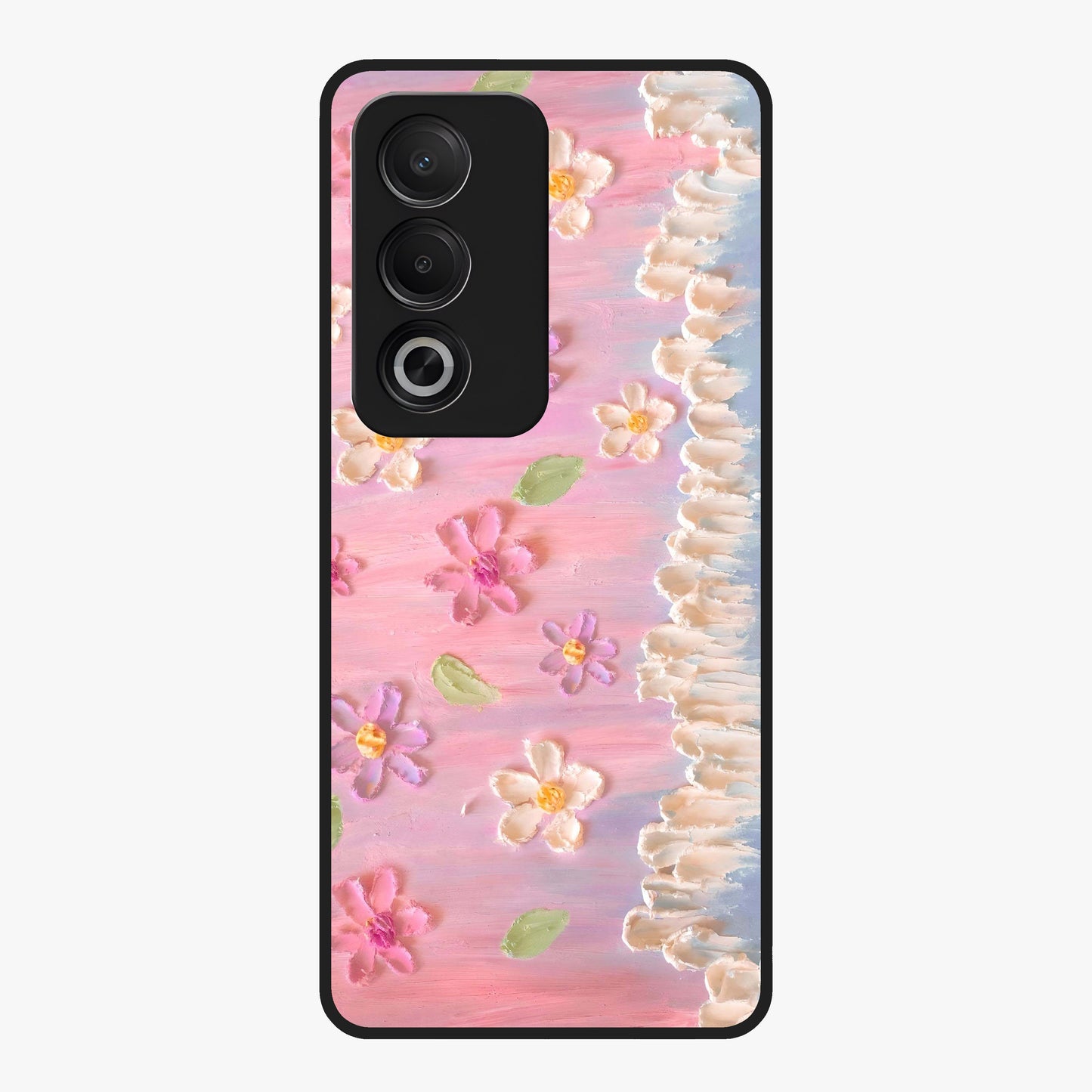 Dreamy Painted Garden Glass Case showing flat back view with artistic painted floral garden artwork and glossy glass finish.