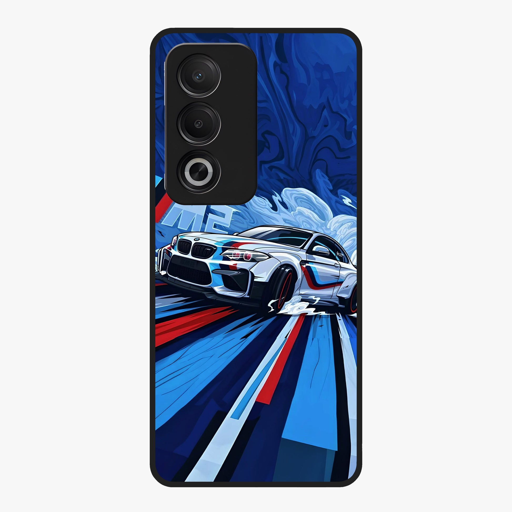 Drift Power Rush Glass Case showing flat back view with dynamic racing inspired artwork and glossy glass finish.