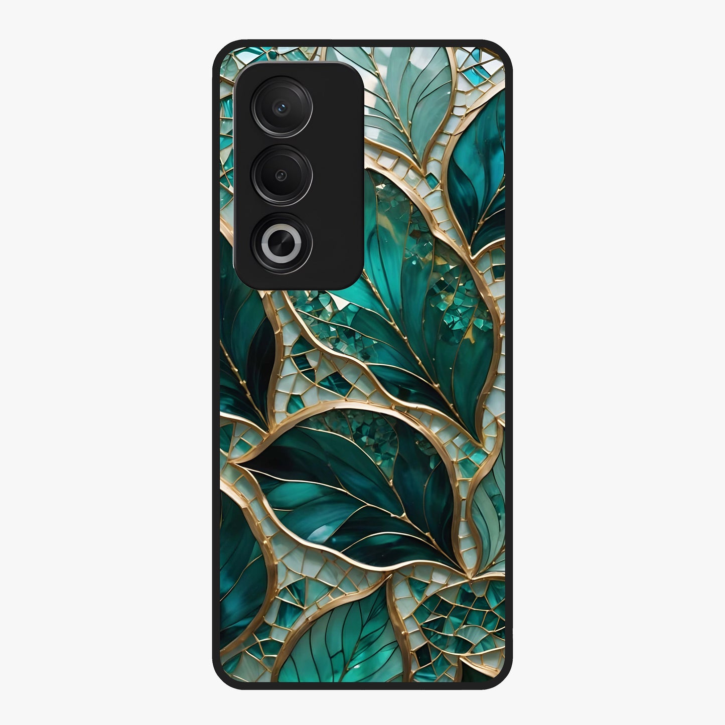 Emerald Leaf Glass Glass Case showing flat back view with emerald green leaf artwork and glossy glass finish.