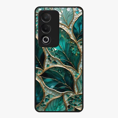 Emerald Leaf Glass Glass Case showing flat back view with emerald green leaf artwork and glossy glass finish.