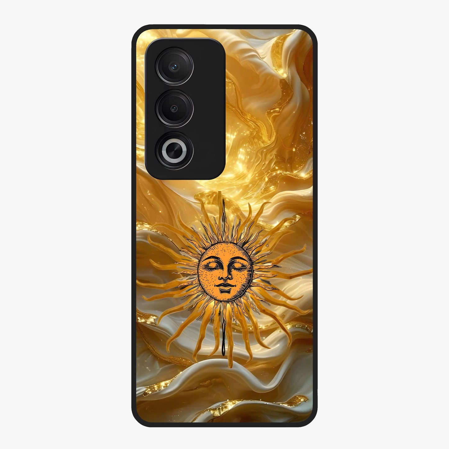 Eternal Golden Glow Glass Case showing flat back view with radiant golden themed artwork and glossy glass finish.