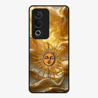 Eternal Golden Glow Glass Case showing flat back view with radiant golden themed artwork and glossy glass finish.