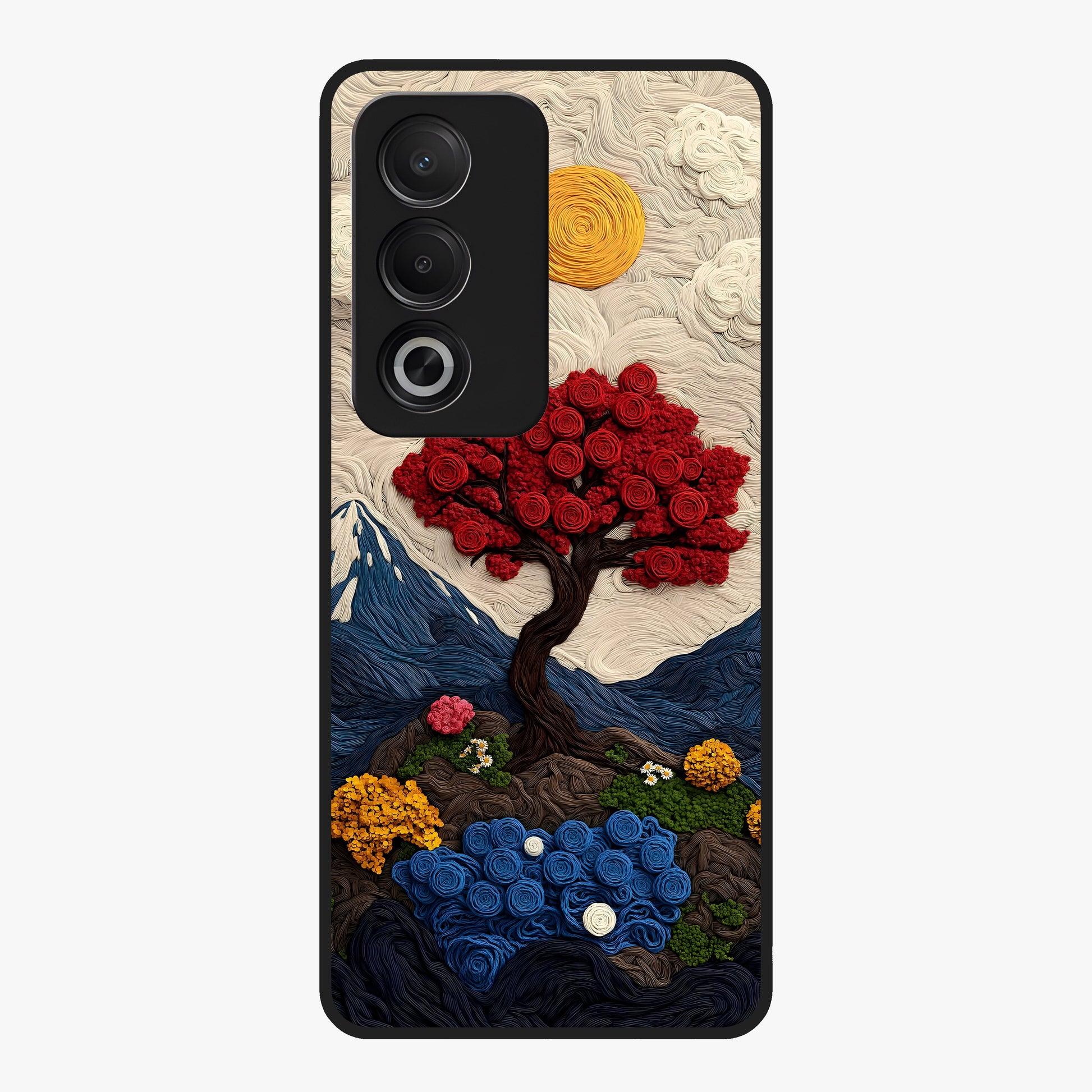Eternal Nature Tapestry Glass Case showing flat back view with intricate nature tapestry artwork and glossy glass finish.