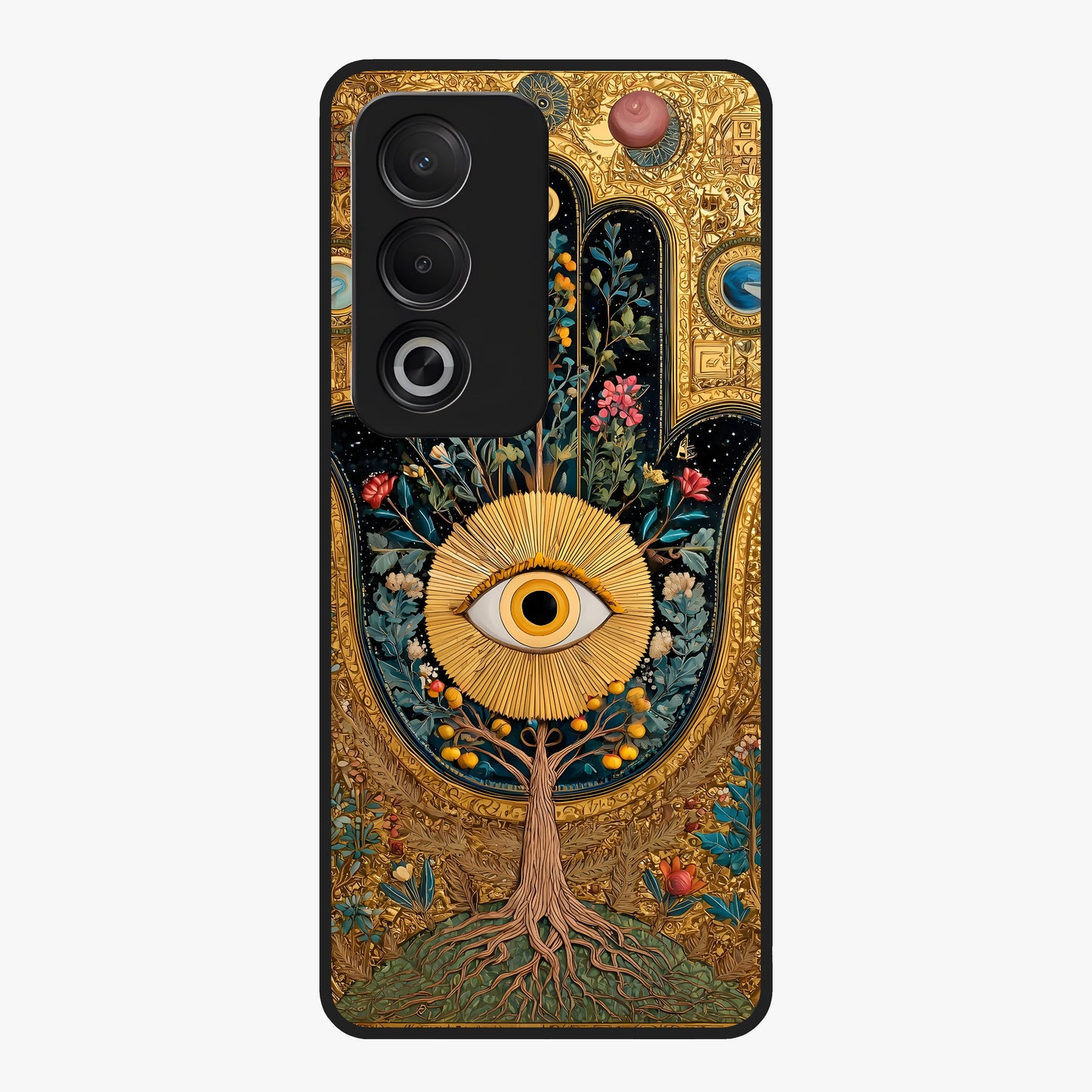 Ethereal Evil Eye Glass Case showing flat back view with mystical evil eye artwork and glossy glass finish.