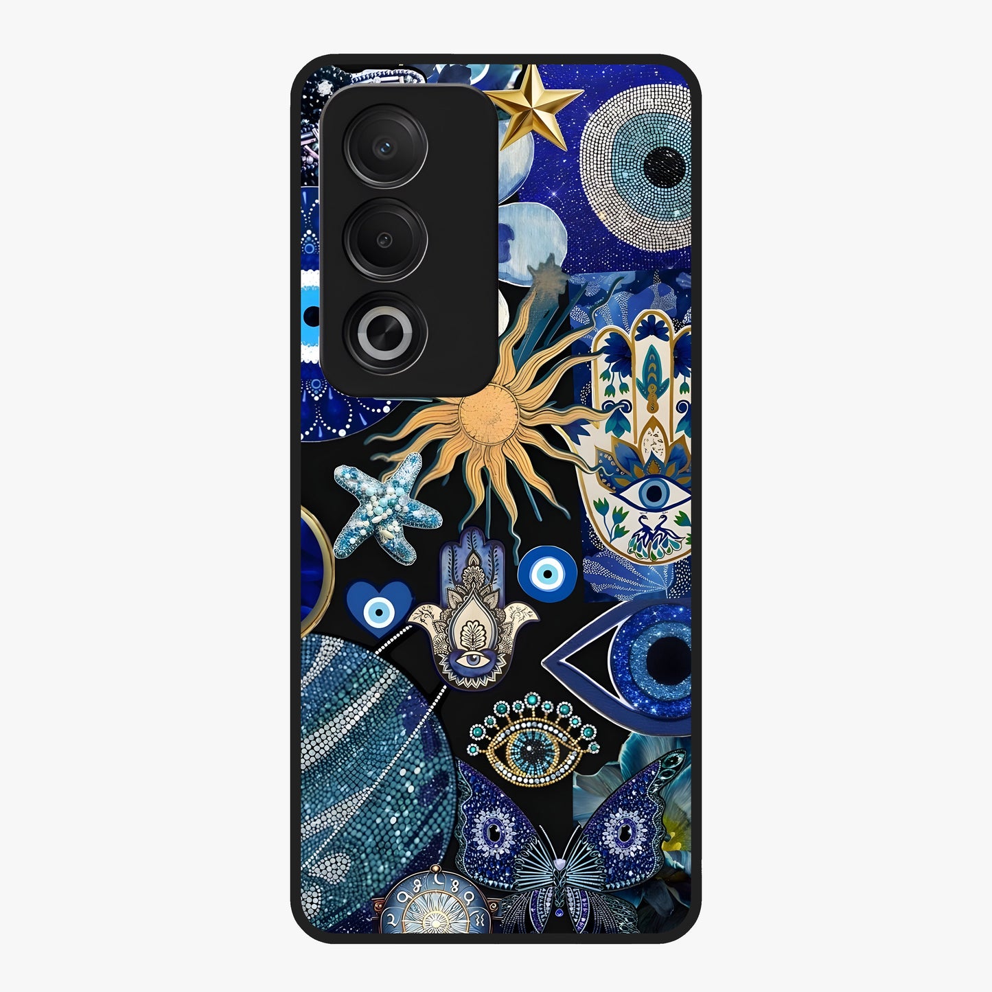 Evil Eye Charm Mix Glass Case showing flat back view with multiple evil eye charms artwork and glossy glass finish.