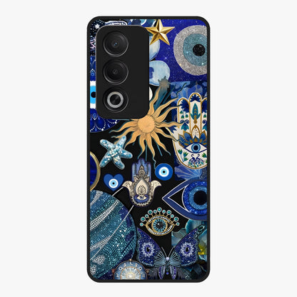 Evil Eye Charm Mix Glass Case showing flat back view with multiple evil eye charms artwork and glossy glass finish.