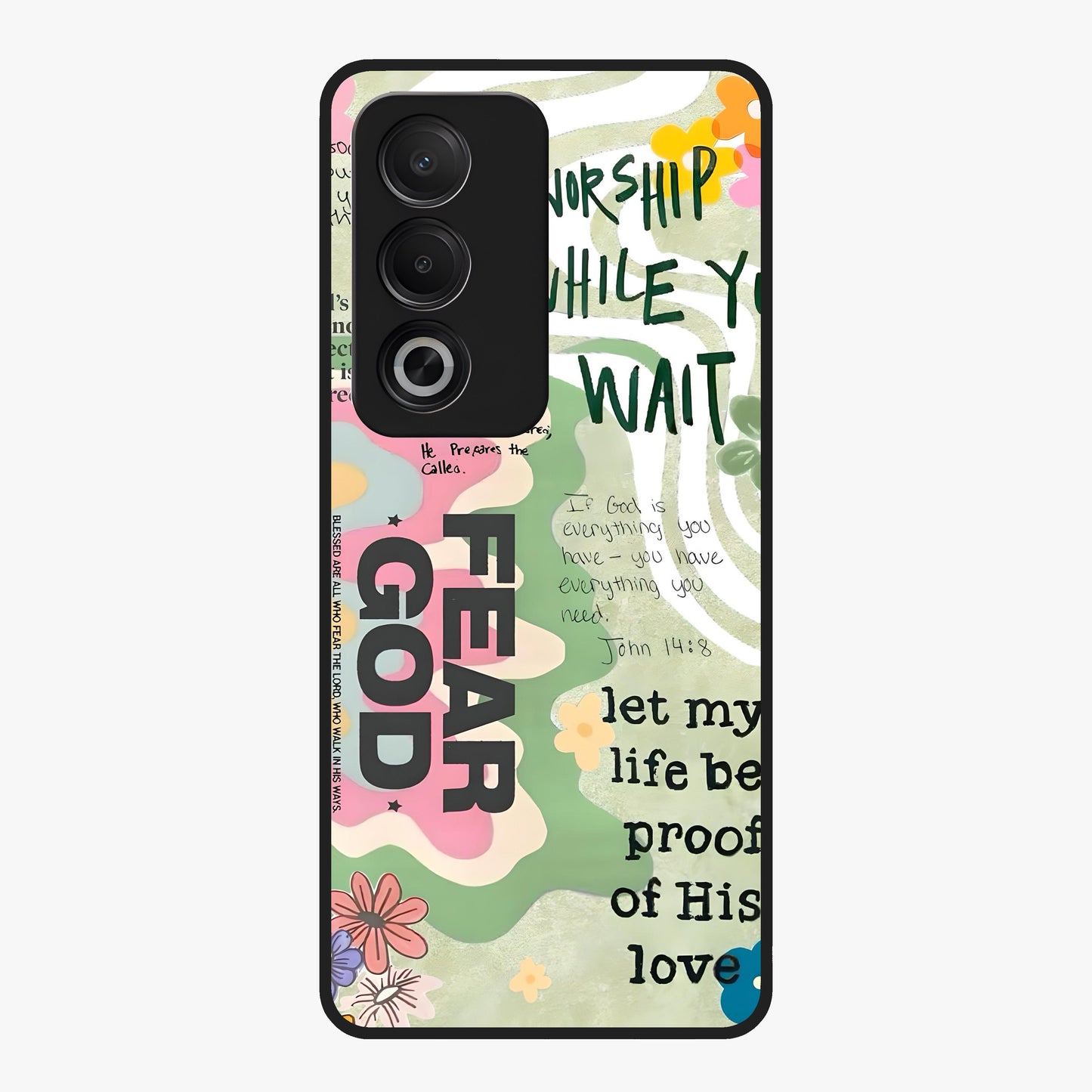 Faith Over Fear Glass Case showing flat back view with motivational typography artwork and glossy glass finish.