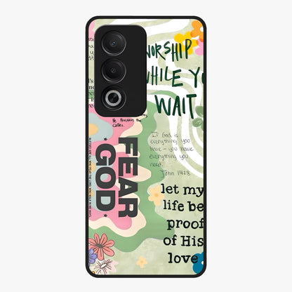 Faith Over Fear Glass Case showing flat back view with motivational typography artwork and glossy glass finish.