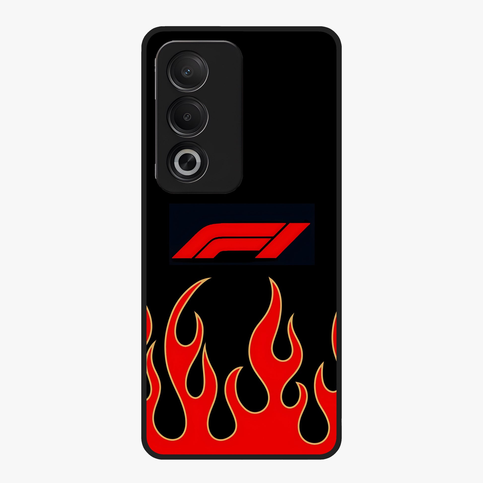 Fire F11 Glass Case showing flat back view with fiery themed artwork and glossy glass finish.