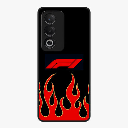 Fire F11 Glass Case showing flat back view with fiery themed artwork and glossy glass finish.