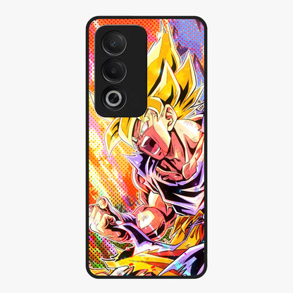 Firing Goku Glass Case showing flat back view with powerful anime inspired artwork and glossy glass finish.