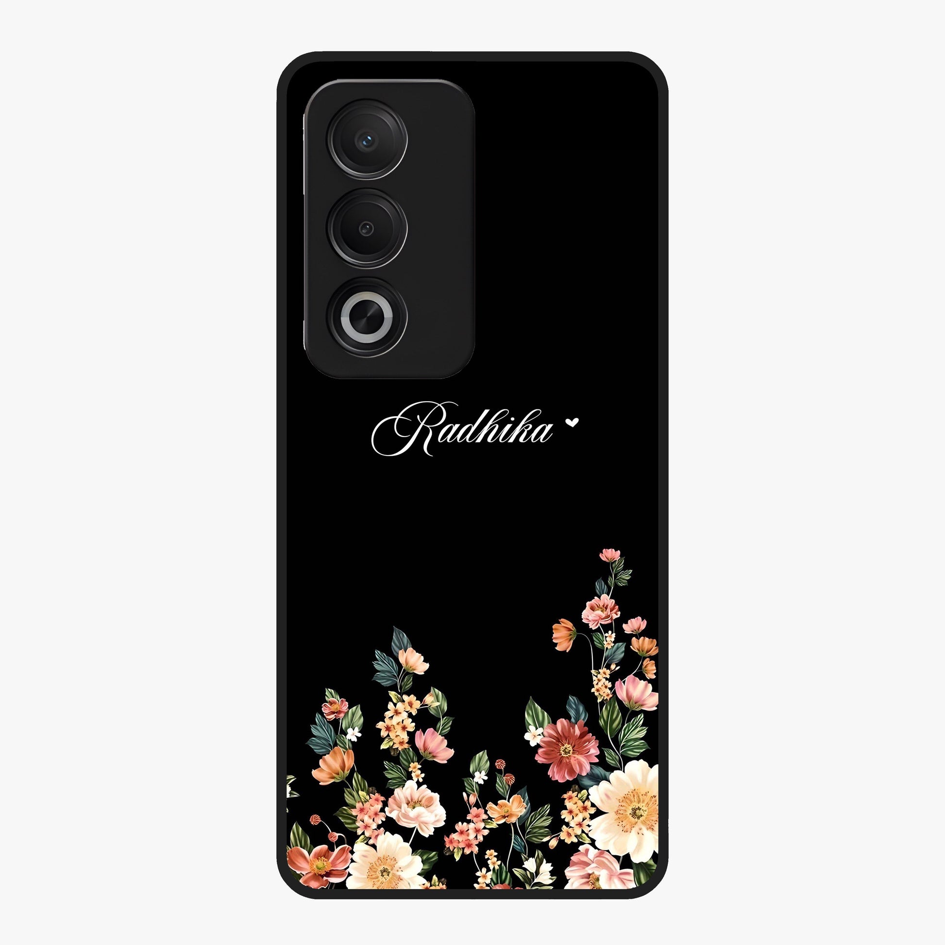 Floral Design With a Custom Personalized Name Glass Case showing flat back view with floral artwork and personalized name design.