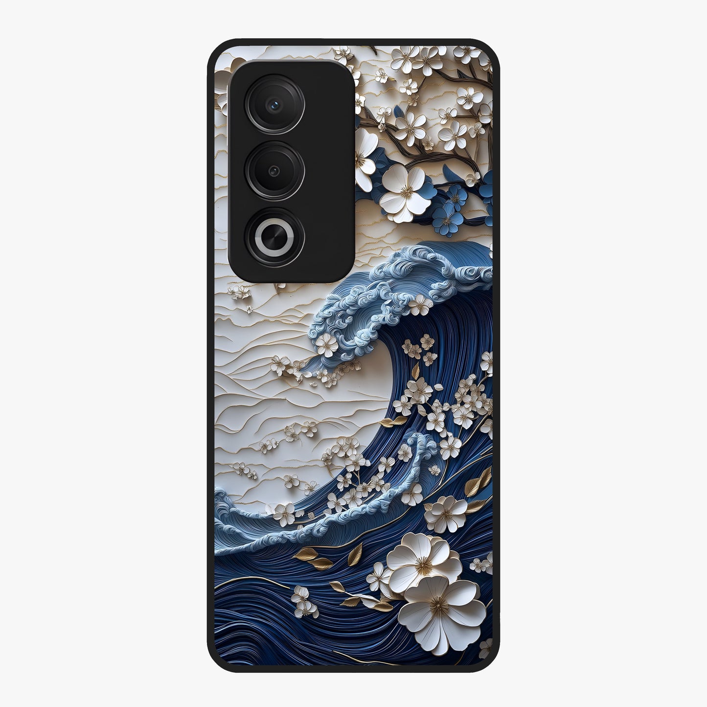 Floral Wave Origami Glass Case showing flat back view with origami inspired floral wave artwork and glossy glass finish.