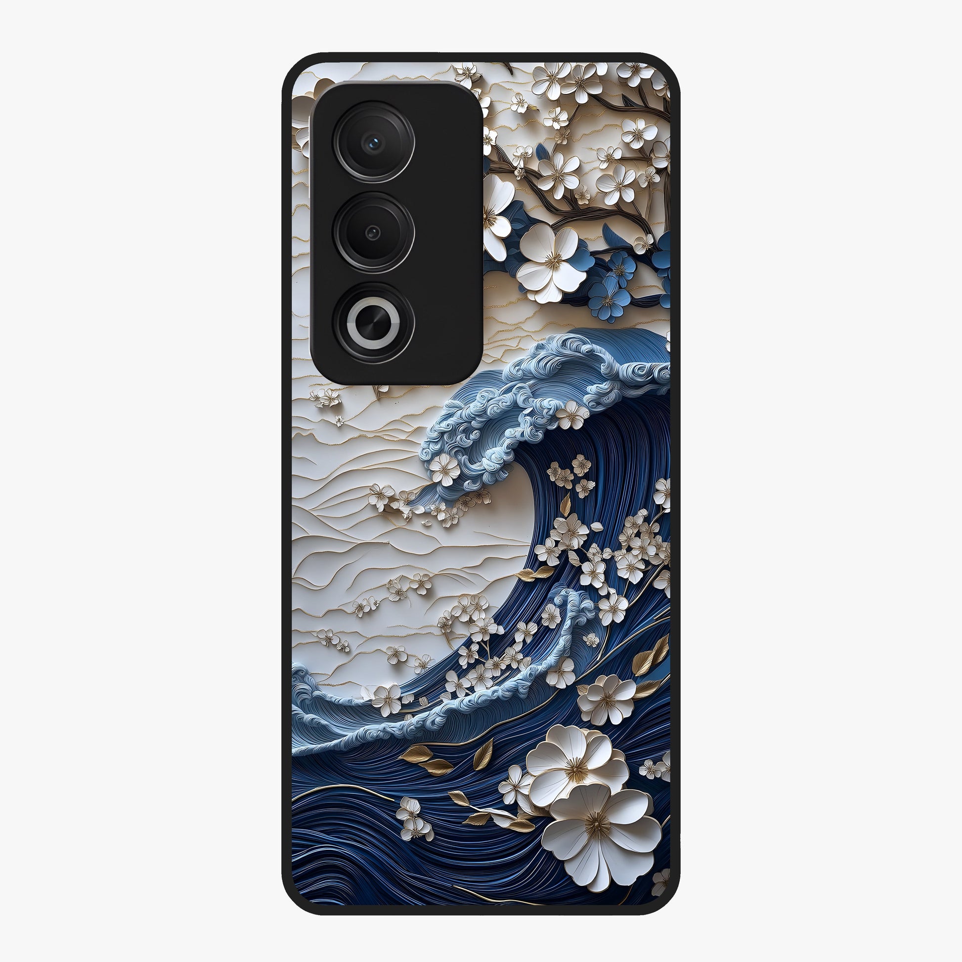Floral Wave Origami Glass Case showing flat back view with origami inspired floral wave artwork and glossy glass finish.