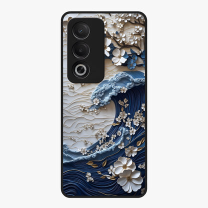 Floral Wave Origami Glass Case showing flat back view with origami inspired floral wave artwork and glossy glass finish.