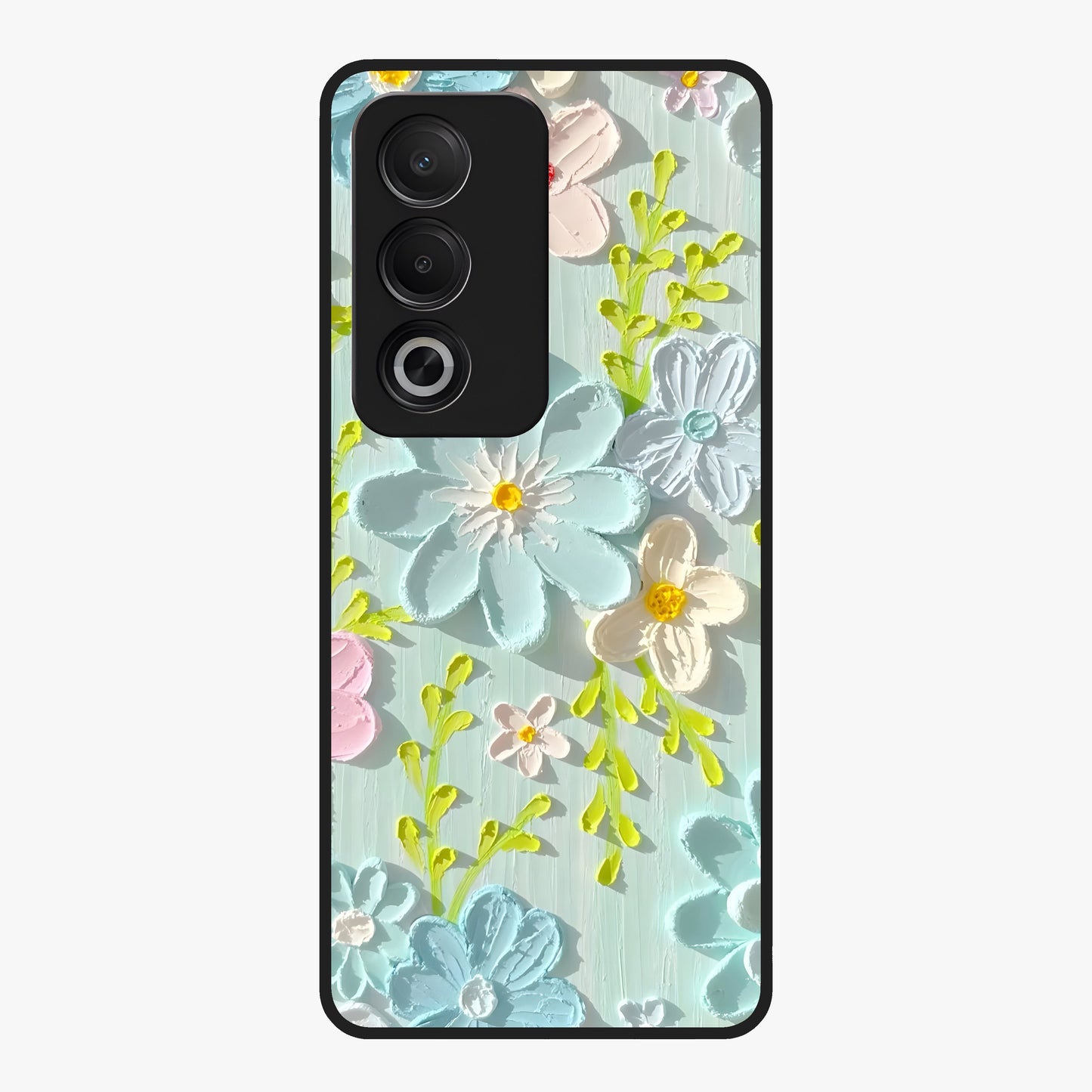 Frosted Petal Garden Glass Case showing flat back view with soft frosted floral artwork and glossy glass finish.