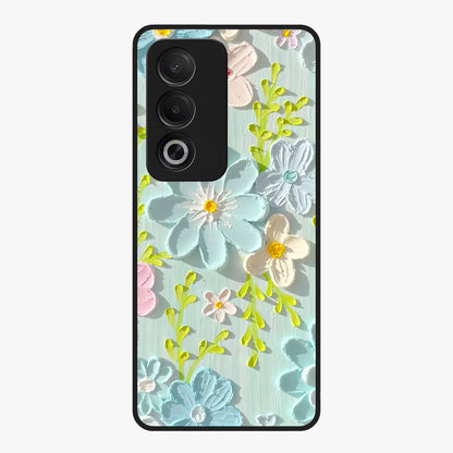 Frosted Petal Garden Glass Case showing flat back view with soft frosted floral artwork and glossy glass finish.
