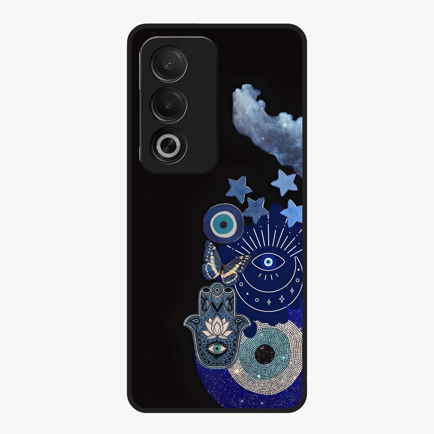 Galactic Charm Cluster Glass Case showing flat back view with glowing celestial charm artwork and glossy glass finish.