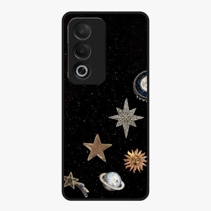 Galactic Charm Glow Glass Case showing flat back view with glowing celestial charm artwork and glossy glass finish.
