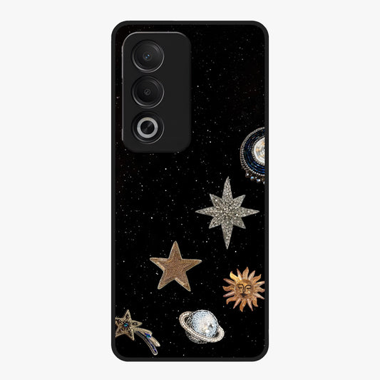 Galactic Charm Glow Glass Case showing flat back view with glowing celestial charm artwork and glossy glass finish.