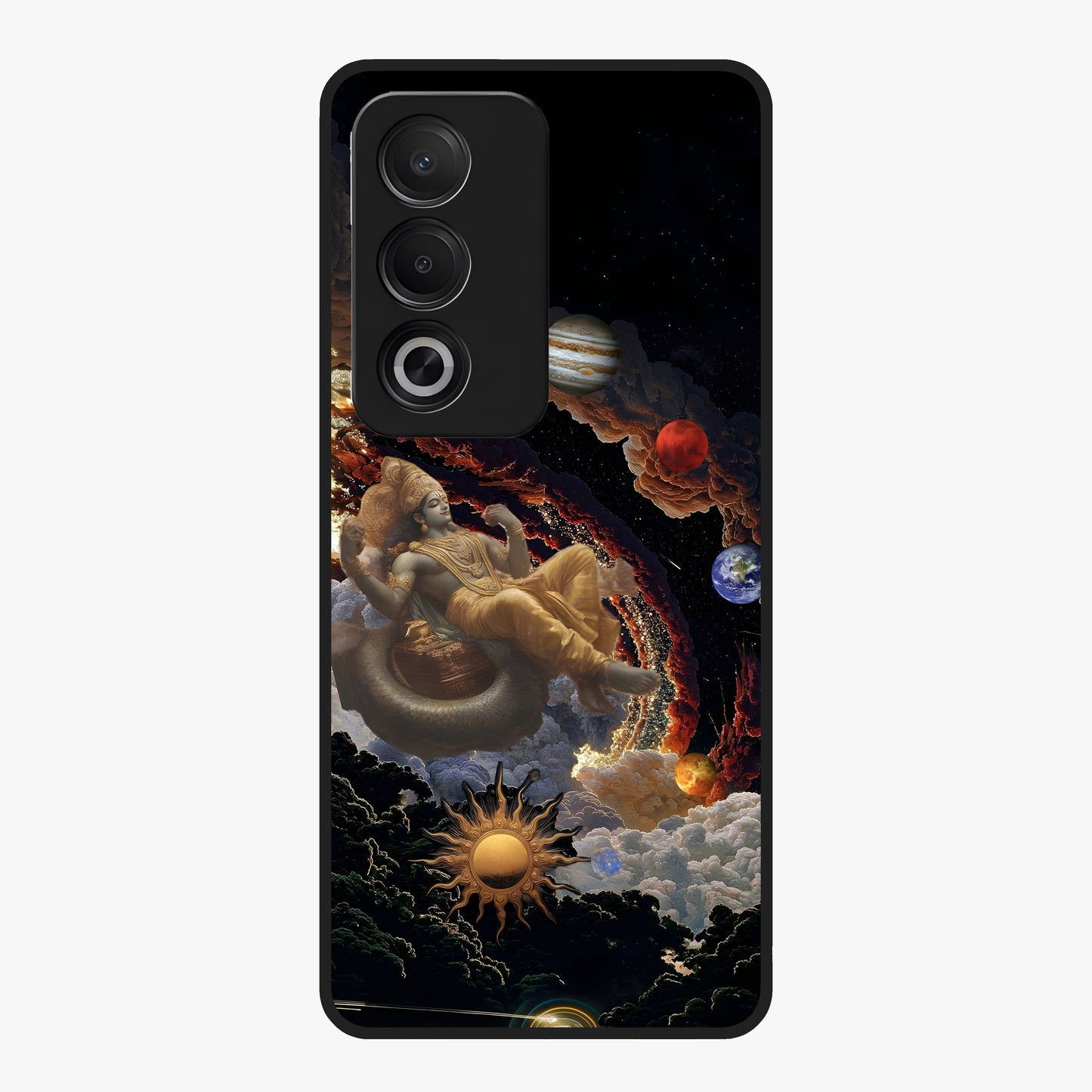 Galactic Divine God Glass Case showing flat back view with divine cosmic themed artwork and glossy glass finish.