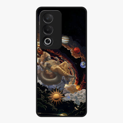 Galactic Divine God Glass Case showing flat back view with divine cosmic themed artwork and glossy glass finish.