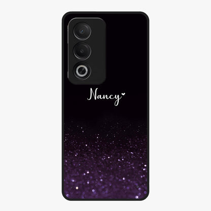 Glittery Purple Bokeh Custom Name Glass Case showing flat back view with purple bokeh sparkle artwork and personalized name design.