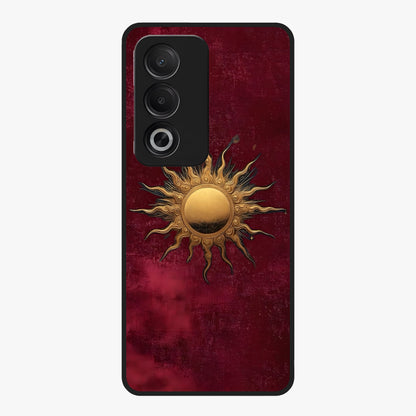 Gold Sun Blush Glass Case showing flat back view with golden sun inspired artwork and glossy glass finish.