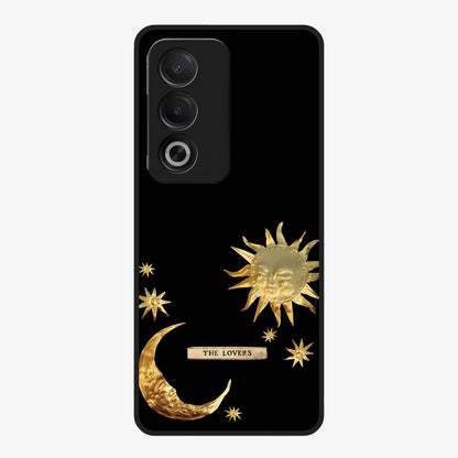 Golden Celestial Charm Glass Case showing flat back view with golden celestial charm artwork and glossy glass finish.