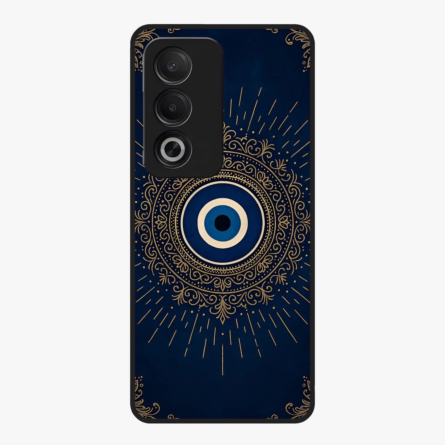 Golden Evil Eye Mandala Glass Case showing flat back view with intricate evil eye mandala artwork and glossy glass finish.